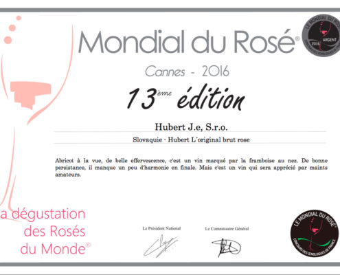 Nové ocenenie sektu Hubert L´Original Brut Rosé v súťaži Mondial du Rosé 