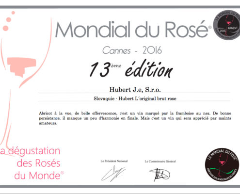 Nové ocenenie sektu Hubert L´Original Brut Rosé v súťaži Mondial du Rosé 